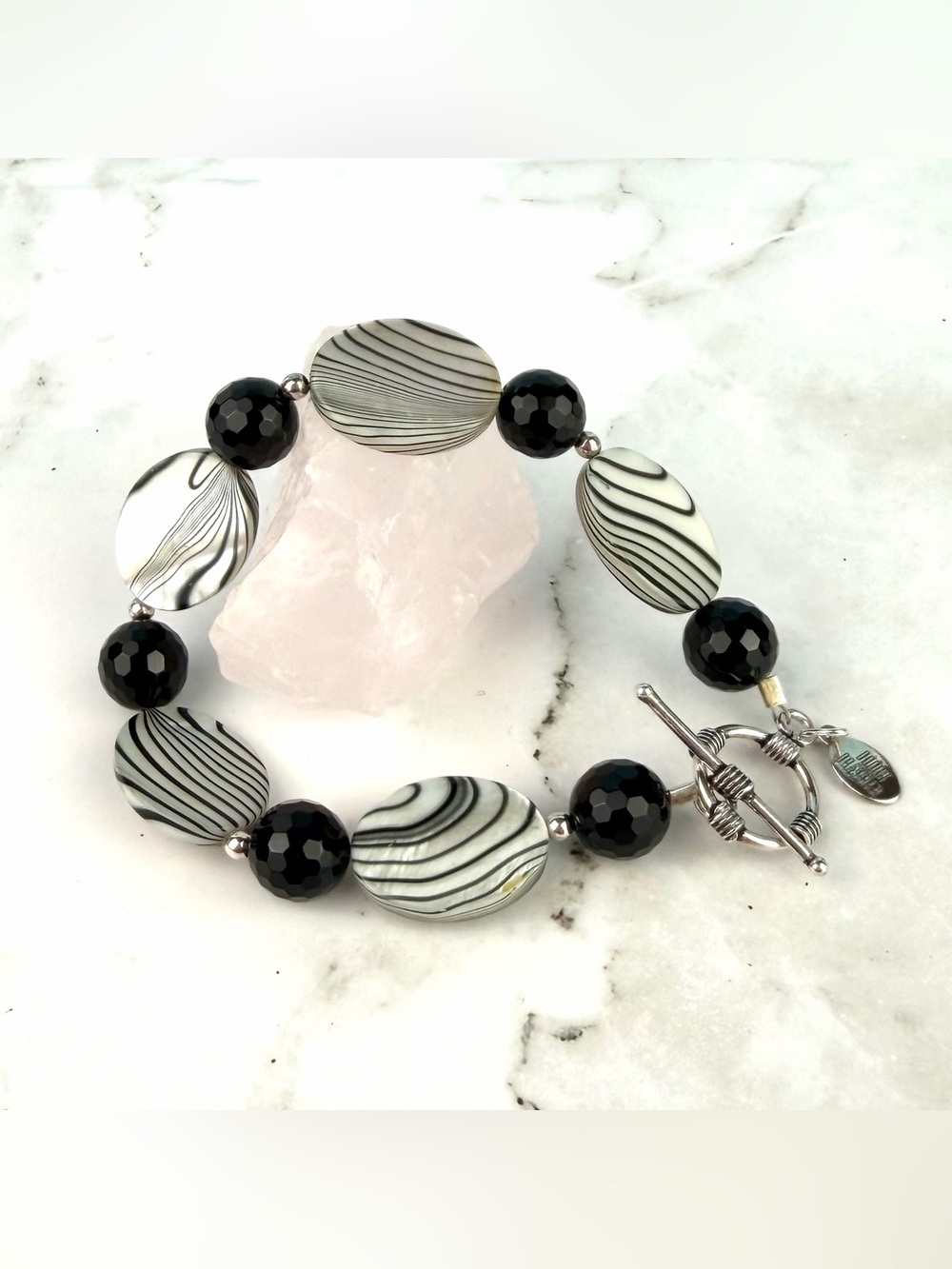 Donna Dressler 925 Sterling Silver Black Onyx Swirl Bead Toggle Bracelet
